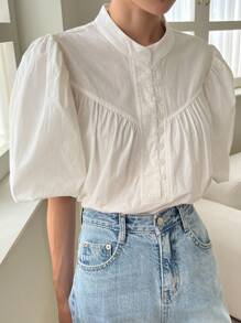 DAZY Mock Neck Puff Sleeve Blouse Fall - White - View 7