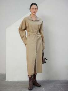 DAZY Khaki,Autumn,Elegant,Office Oversized Minimalist Asymmetrical Design Cinched Waist Shirt Dress With High Slit,Mid-Length Business Casual Work Clothes - Khaki - View 3
