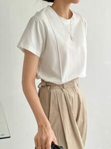 Dazy-Less Solid Seam Detail Tee Old Money Style Business Casual Woman Work Clothes - White - View 8