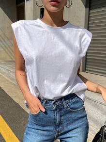 DAZY Solid Shoulder Pad Tee - White - View 7