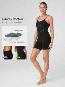 GLOWMODE 6 英寸 FeatherFit™ Peak Motion 收腹可转换肩带紧身连体衣 带侧袋 低冲击瑜伽工作室普拉提日常休闲装 可拆卸罩杯 - 黑色 - 查看 2