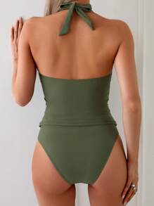 SHEIN Swim طقم بلوزة كامي وبليزر حمام تجريدي بطيات للنساء، قطعتان - أخضر عسكري - مشاهدة 2