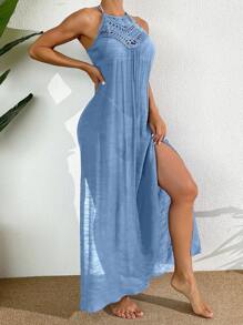 SHEIN Vestido de vacaciones para mujer de unicolor con escote halter y calado