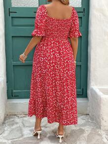 SHEIN Clasi Plus Size Women Summer Elegant Vacation Puff Sleeve Front Pleated Red Ditsy Floral Dress,Summer Outfits For Women Vacation Outfits Woman,Suitable For Workplace, Afternoon Tea, Date, Concert, Party, Retro College Style,Holiday,Summer Outfits For Women,Beach Outfits For Woman,Vacation Outfits Women,Sun Dress,Sun Dress,Rave Outfits Festival/Concert Outfit Women/ Rave Outfits/Country Concert Outfit/Nashville Outfits/Coachella Outfits/Ibiza Outfits