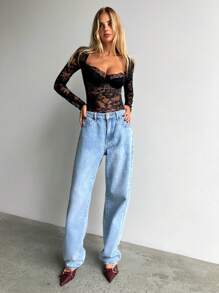 Aloruh 女士性感优雅蕾丝杯细节长袖蕾丝文胸 - 黑色 - 查看 6