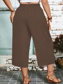 Linhara Plus Size Solid Color Loose Wide Leg Pants, Casual Resort Wear - Brown - View 2