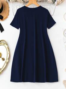 SHEIN LUNE Casual Minimalist Colorful Round Neck Butterfly Short Sleeve Fitted Plus Size Dress For Women, Suitable For Summer Suitable For Going Out Chic Dress - Navy Blue - View 2