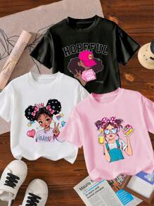 3pcs/Set Baby Girl Casual Fashion Simple Love Character & Letter Print Short Sleeve T-Shirt, Spring & Summer - Multicolor - View 1