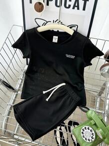 SHEIN Leap Crew 6 件/套儿童男童休闲百搭字母印花图案圆领宽松短袖 T 恤和纯色短裤 2 件套服装，3 种款式，适合学校、花园、海滩、生日、春季、夏季、秋季、冬季 - 彩色 - 查看 7