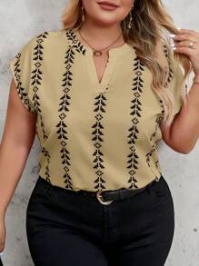 SHEIN Clasi Stylish Plus Size Women's Printed Short Sleeve Blouse - Camel - View 1