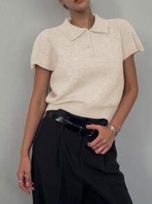 DAZY Solid-Color Fitted Short Sleeve POLO Collar Knit Blouse For Women, Casual For Spring & Summer,Fall Clothes - White - View 5