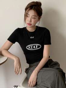 DAZY Letter Graphic Crop Tee Y2k Festival - Black - View 4