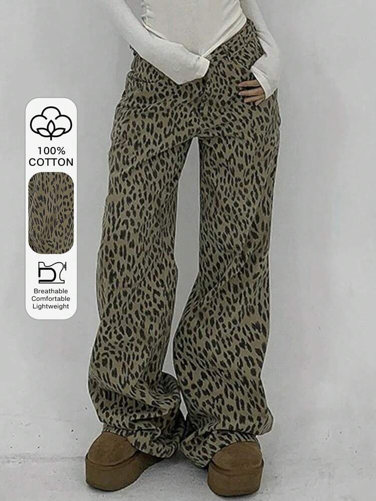Women's Fashion Leopard Print Low-Waist Extra Long Pants Low Rise