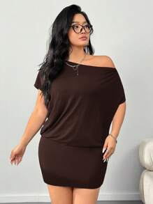 SHEIN EZwear 大码不对称领口休闲百搭短袖连衣裙，巧克力棕色 - 巧克力棕 - 查看 5