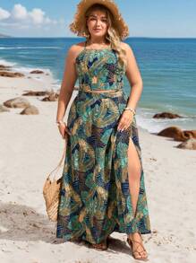 SHEIN VCAY Plus Size Vacation Beach Tropical Print Halter Neck Top & High Slit Skirt 2 Pieces Set Beach Women Two Pieces Outfits Beach Dresses For Woman - Multicolor - View 1