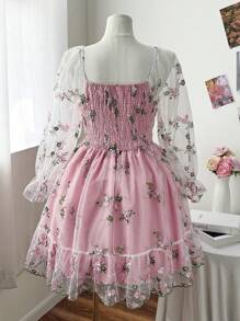 Sweetra Lace Embroidered Sweet V-Neck Cinched Waist Midi Dress - Multicolor - View 2