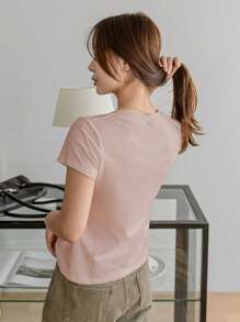 Dazy-Less 女士纯色 V 领短袖 T 恤，夏季复古风格商务休闲女士工作服 - 藕粉色 - 查看 4