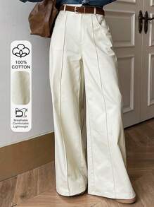 DAZY Women's Plain Pocket Casual Loose Straight Leg Pants, Versatile - Beige - View 9