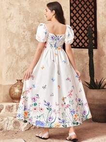 SHEIN Robe de vacances à encolure carrée, manches bouffantes et fleurs blanches pour adolescentes, convient pour les vacances, les festivals, les brunchs et les festivals de musique