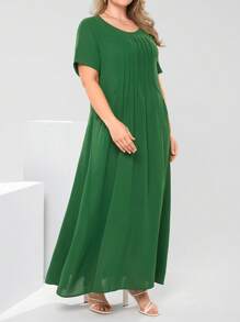 EMERY ROSE Plus Size Women Solid Color Round Neck Short Sleeve Pocketed Pleated Casual Dress Spring Outfits For Women Bridal Shower Dress White Elegant Sage Green