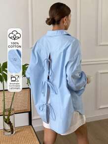 Livesso Blusa suelta de unicolor con cuello vuelto, espalda descubierta y lazo, de manga larga, para mujer, ropa de otoño - Azul - Ver 12