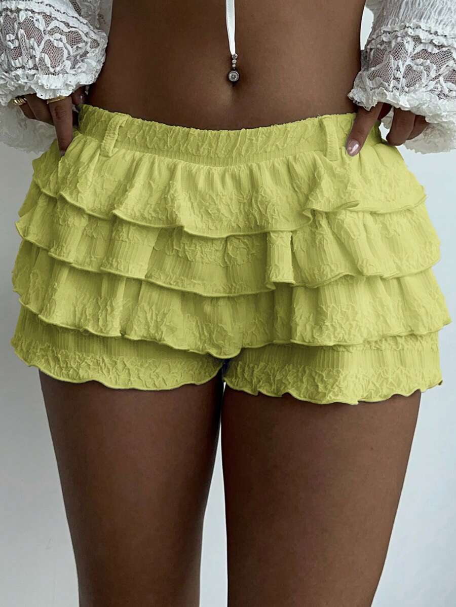 Aloruh 女士纯色优雅甜美芭蕾风格超低腰多层荷叶边下摆短裙短裤，秋冬 - 綠色 - 查看 1