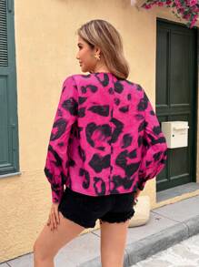 SHEIN Essnce Blusa de manga farol con estampado de leopardo para mujer - Rosa Fucsia - Ver 2