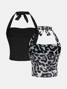 SHEIN Girlism 2pcs Tween Girl Leopard Print & Solid Color Halter Top, All-Match & Versatile - Grey - View 2