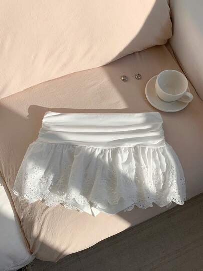 Comfortcana Women's Summer Valentine New  Embroidered Pleated White Short Skirt,With Shorts