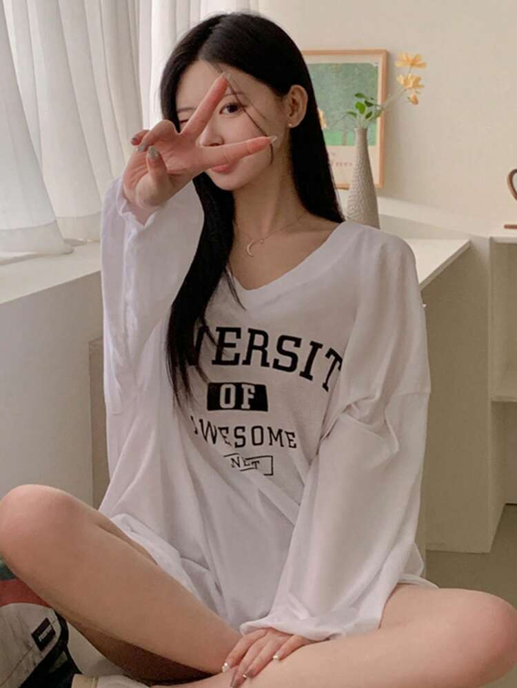 Letter Printed V-Neck Long Sleeve Drop Shoulder T-Shirt Sheer,Fall Women Clothes