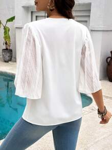 SHEIN White V-Neck Lace Trim Loose Fit Maternity Blouse With Short Ruffle Sleeves - White - View 2