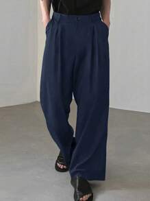 Manfinity Hypemode Men Casual Solid Fold Pleated Wide Leg Pants - Navy Blue - View 1