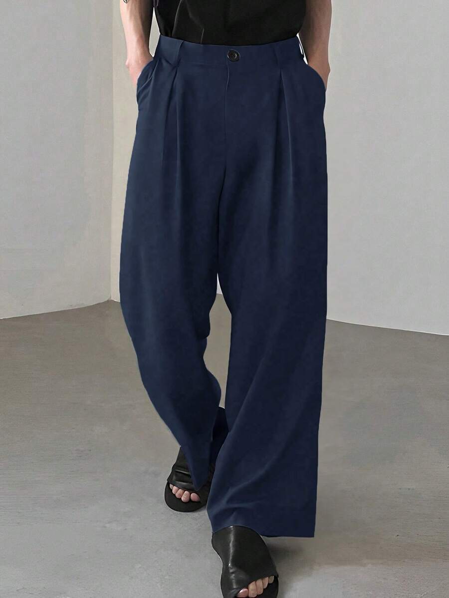 Manfinity Hypemode Men Casual Solid Fold Pleated Wide Leg Pants - Navy Blue - View 1