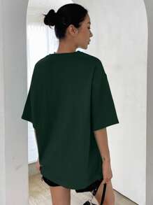 DAZY Slogan Pattern Drop Shoulder Tee KEEP CALM KEEP SMILING Oversized T-Shirt - Dark Green - View 2