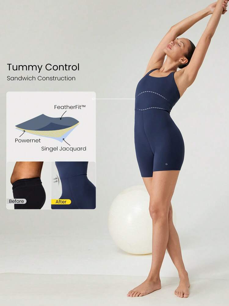 4.3" FeatherFit™ Tummy Control Crossover Back Bodysuit Jumpsuit Low Impact Yoga Pilates Studio Daily Casual Wear Removable Cups
