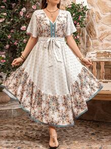 SHEIN Clasi 大码 V 领花卉印花短袖连衣裙，女士夏季服装，圣帕特里克节，狂欢服装，节日，春假，波西米亚风 - 彩色 - 查看 4