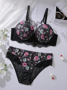 مجموعة حمالة صدر بمقاس كبير مكونة من قطعتين، مع أكواب مقولبة ومدعمة بأسلاك، بتصميم بطباعة زهرية