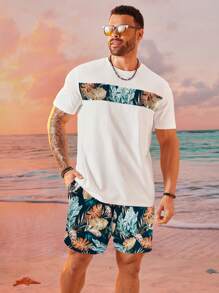 EASEVO Ensemble t-shirt col ras-du-cou à manches courtes imprimé et short pour homme grande taille