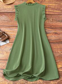 Linhara Plus Size Women Sleeveless Ruffle Trim V-Neck Casual Midi Dress With Pleated Details, Comfortable For Daily Commuting