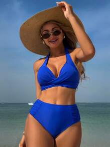 Swim Lushoire Women's Blue Front Twist Pleated 2 Pieces Shorts Set, Beach Vacation Outfit