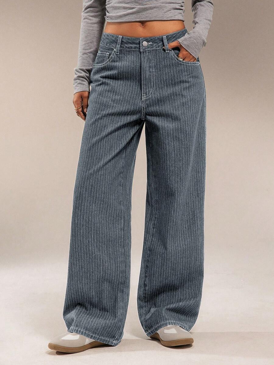 Forever 21 Autumn/Winter New Straight Leg Low Rise Unique Jacquard Stripe Casual Versatile Dark Wash Denim Jeans