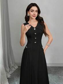 Modelyn 1 Pc Women's Sleeveless V-Neck Solid Color Slim Fit Dress, Minimalist & Fashion - Black - View 3