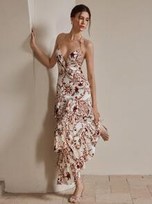 Anewsta Elegant Waterfall Ruffle V-Neck Spaghetti Strap Floral Retro Print Layered Dress, Backless, Suitable For Vacation, Beach, Festival, Summer Outfit For Women