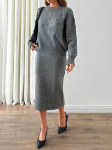 EURMUSE Kobieta Kwiat Haft Szczegółowy Midi Sweter Spódnica Dwuczęściowy Zestaw Co-Ords