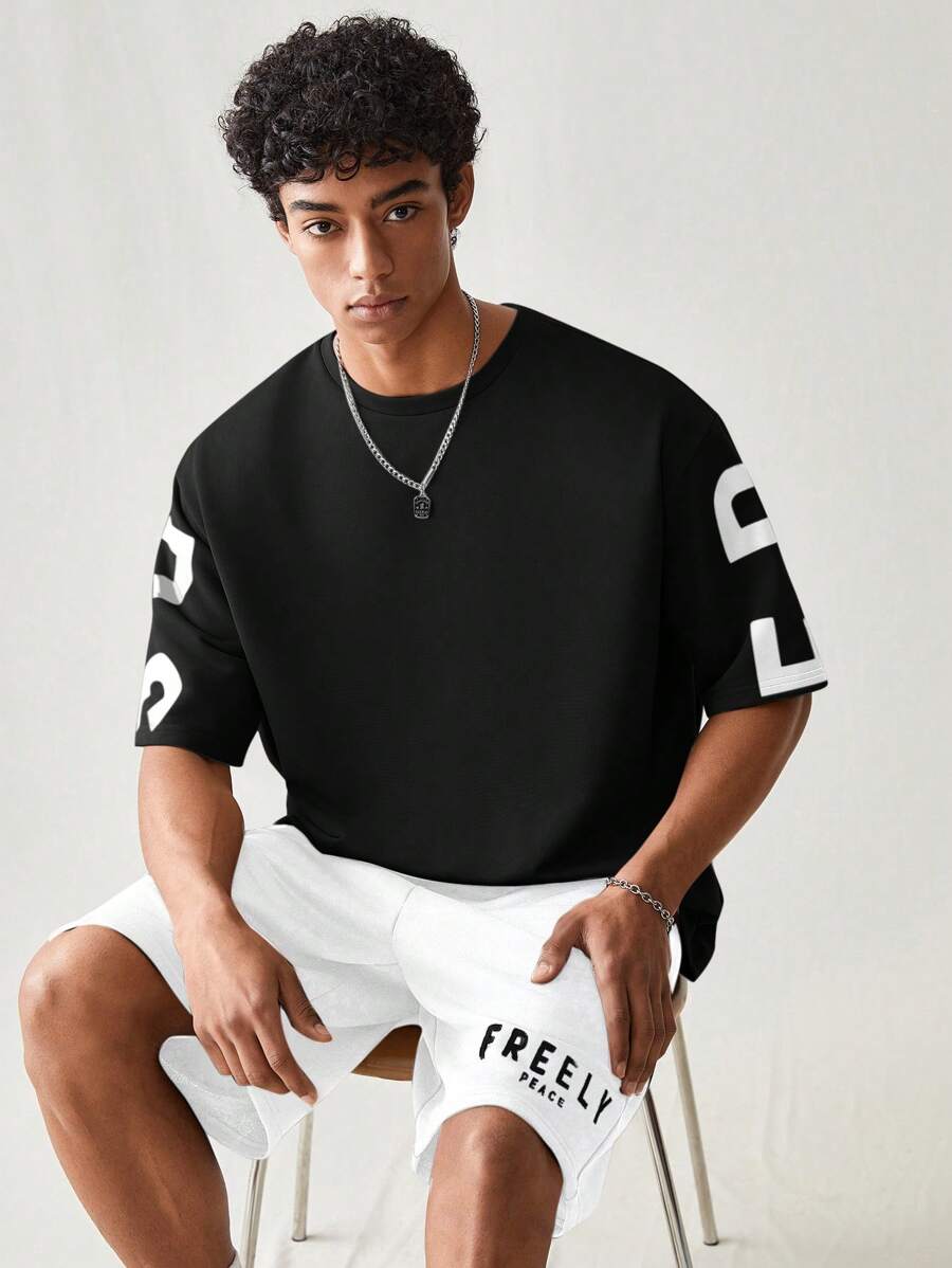 SWAVVY 2 件套男士休闲字母印花短袖 T 恤和短裤夏季服装，学校 - 黑與白 - 查看 1