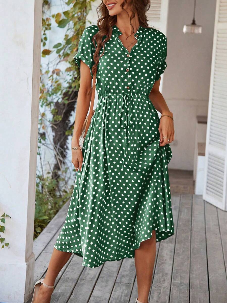 Breezaya Polka Dot Drawstring Button Front Dress Maxi Vacation Beach Outfits Women - Army Green - View 1
