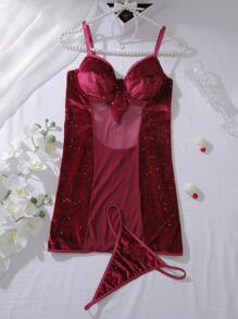 Velvet Patched Mesh Sexy Alluring Shimmering Gold Powder Women's Lingerie Nightdress - Burgundy - View 5