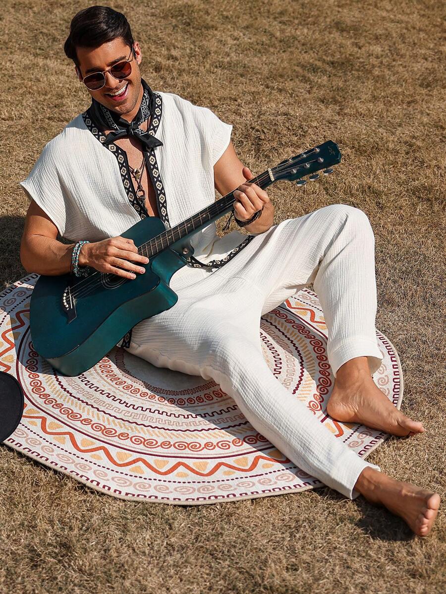 Genlund Conjunto de camisa y pantalones casuales con estampado geométrico de retazos para hombre - Beis - Ver 1
