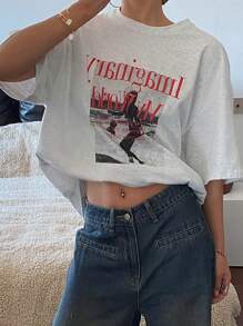 Livesso 宽松短袖圆领女式字母印花T恤夏季超大码T恤，图案T恤 - 白色 - 查看 4