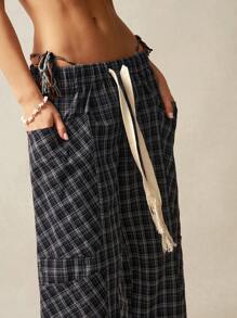 Bohemela 大码女式休闲宽松口袋抽绳阔腿裤 - 黑色 - 查看 1